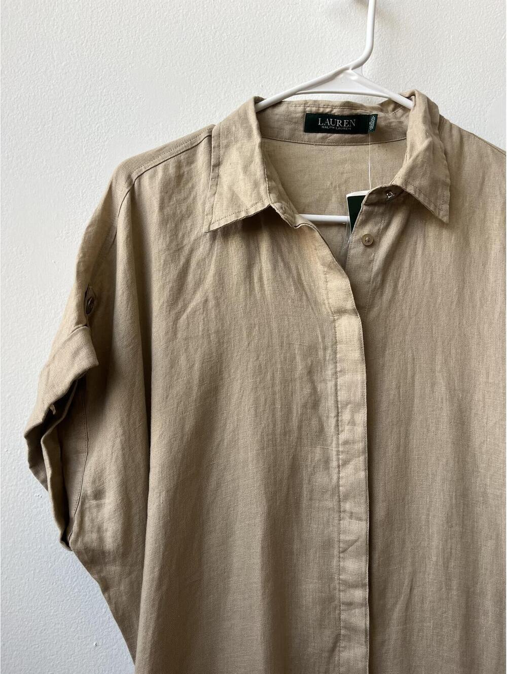 Ralph Lauren tie back button down short sleeve 100% linen midi dress cottagecore